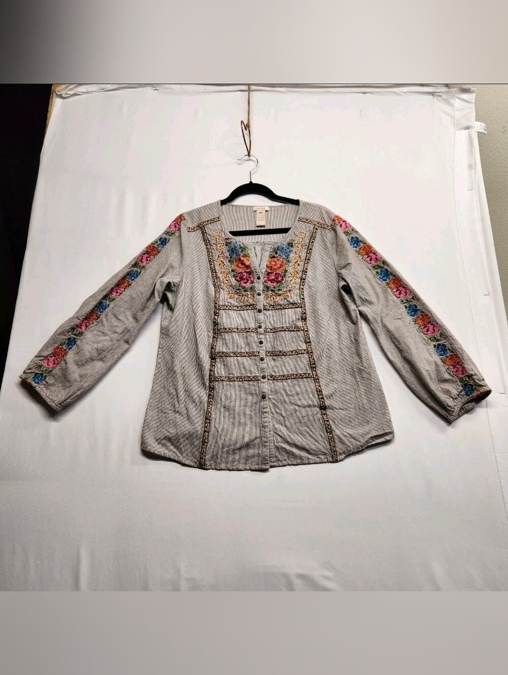 ⭐️Sundance Embroidered Striped Boho Blouse L Cotton Artisan Folk Floral Peasant